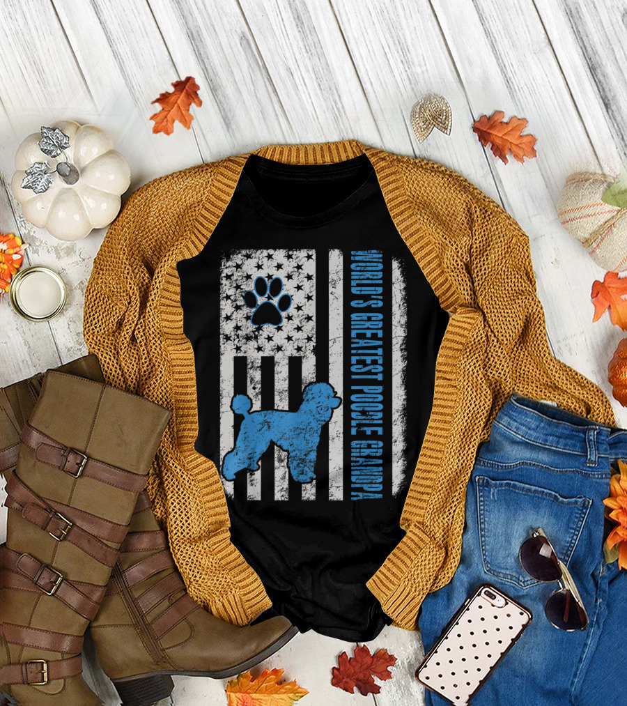 World's Greatest Poodle Grandpa American Flag with Blue Paw Print and Poodle T-Shirt