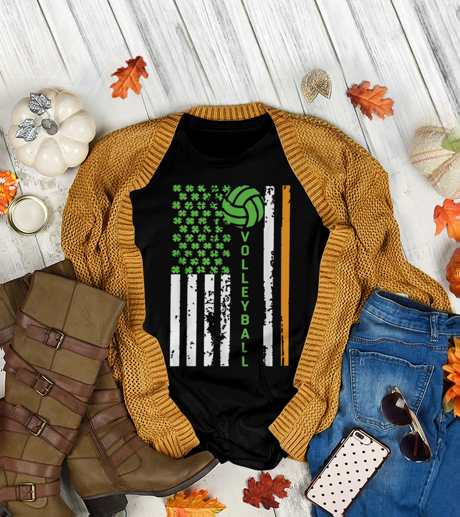 Saint Patrick's Irish American Volleyball Flag with Shamrocks and Green Volleyball T-Shirt