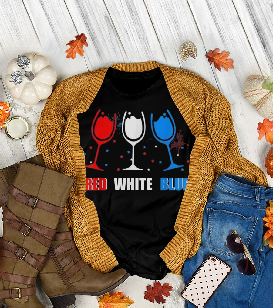 Red White Blue Wine Glasses Patriotic T-Shirt