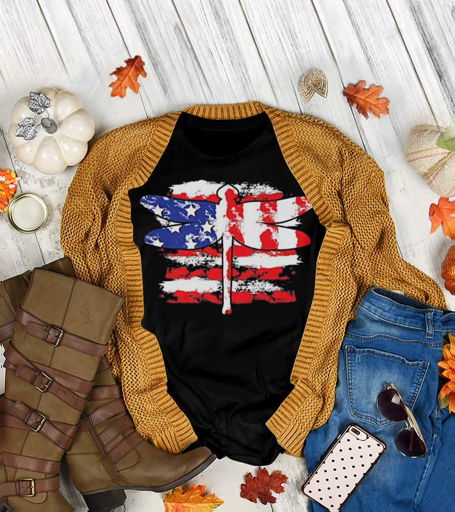 4th of July Patriotic Dragonfly with US American Flag T-Shirt