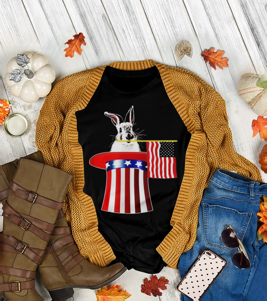 4th of July Rabbit Fun American Magic Hat with Stars and Stripes Flag T-Shirt