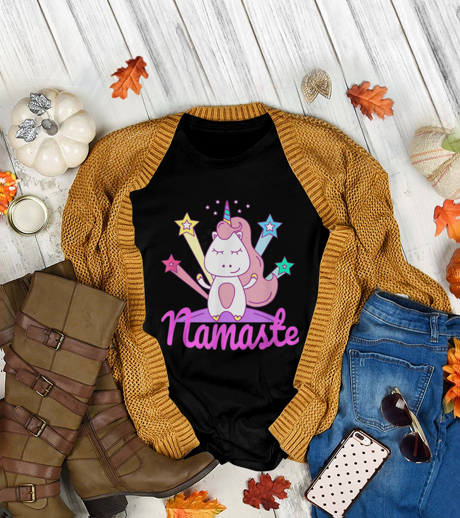 Namaste Unicorn with Colorful Star Beams and Pastel Horn T-Shirt