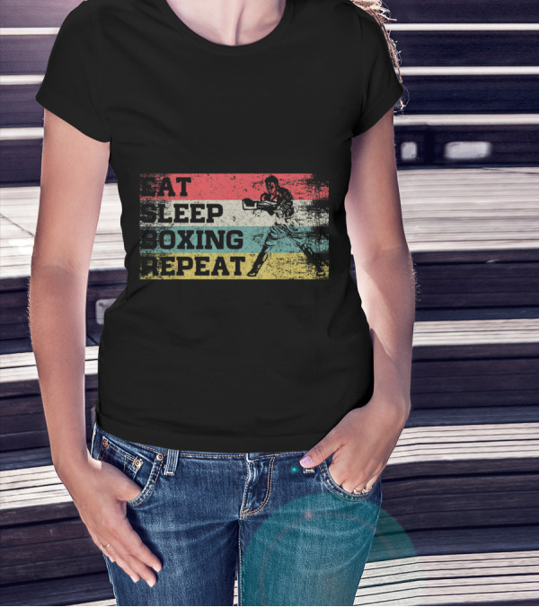Vintage Eat Sleep Boxing Repeat Boxer Silhouette Retro Stripes T-Shirt