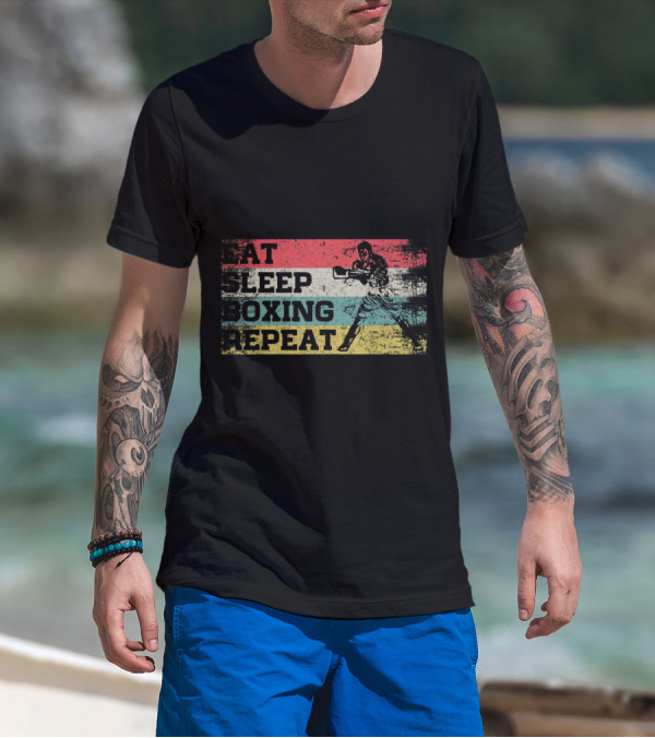 Vintage Eat Sleep Boxing Repeat Boxer Silhouette Retro Stripes T-Shirt