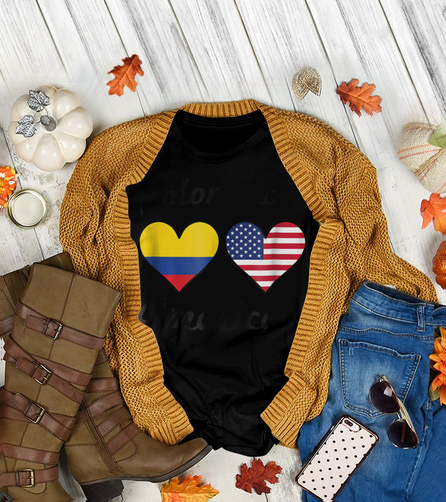 Colombian American Heart Colombian Flag and American Flag T-Shirt