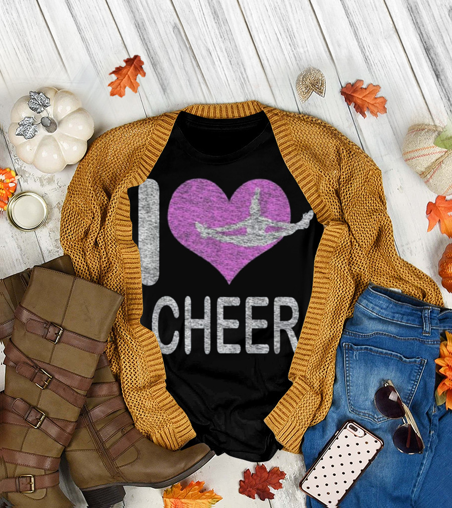 I Heart Cheer Distressed Flyer Cheerleading Jump in Pink Heart T-Shirt