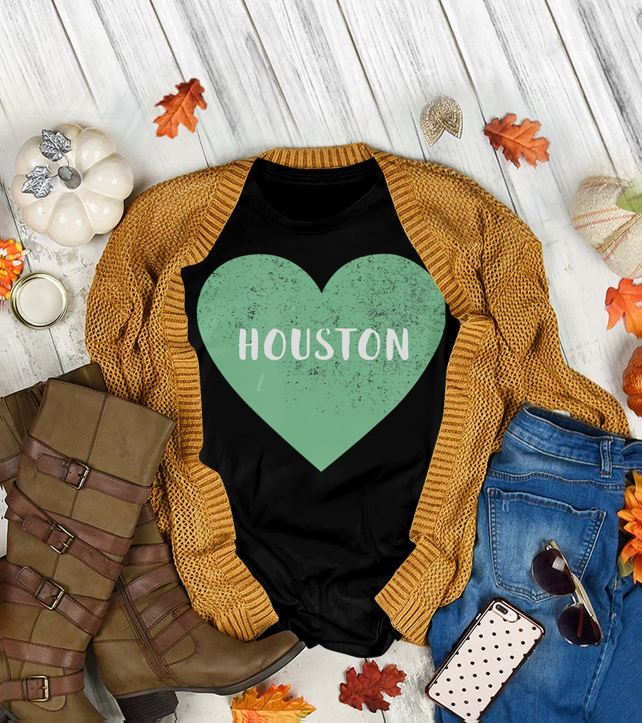 I Heart Houston Green City Souvenirs Vintage-Style Textured Heart T-Shirt