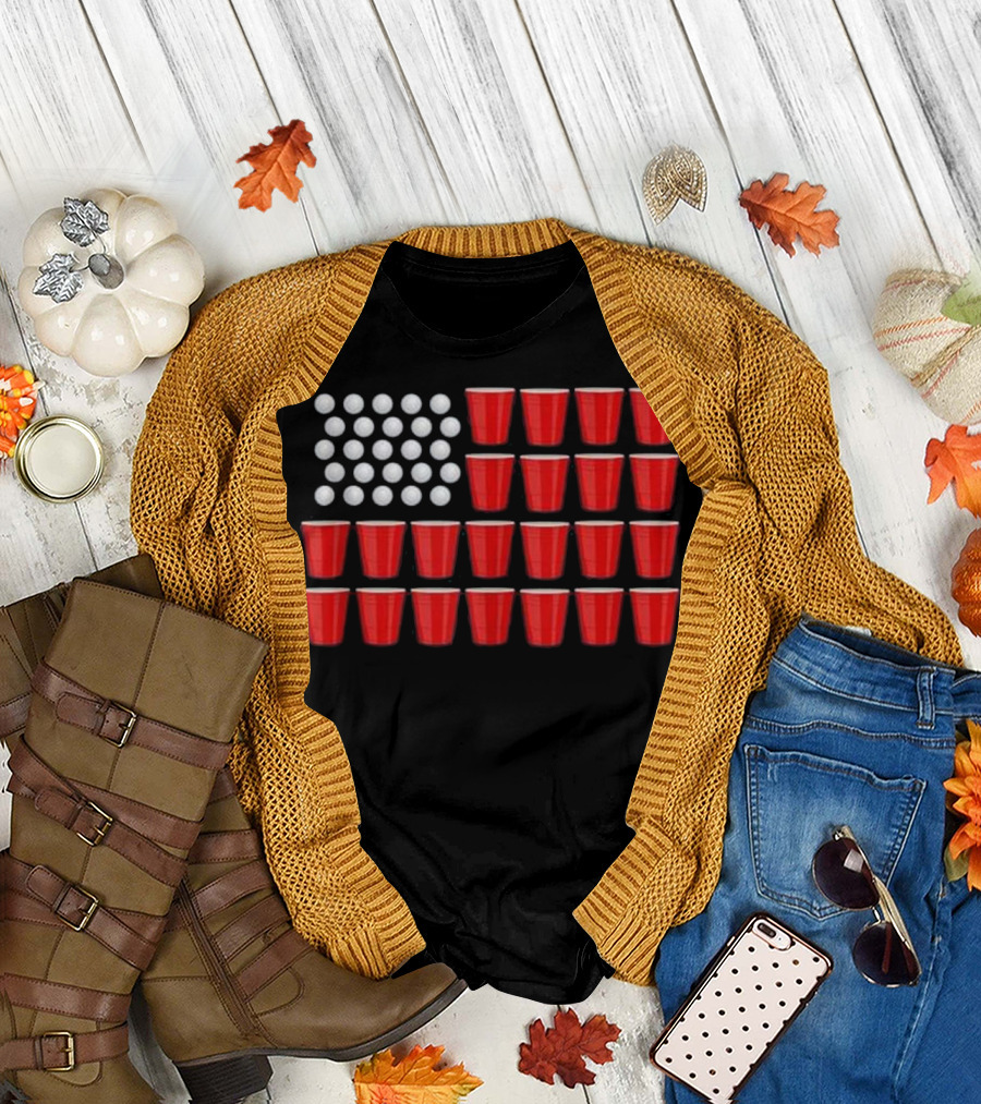 USA Flag Made of Beer Pong Cups and Balls Funny American Flag T-Shirt