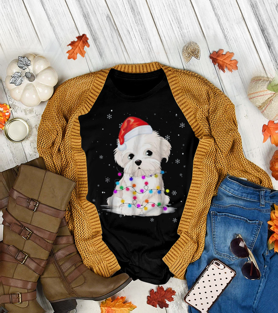 Maltese Puppy Wrapped in Christmas Lights with Santa Hat Snowflakes T-Shirt