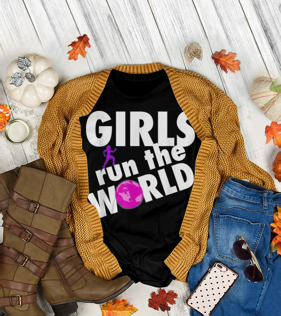 GIRLS RUN THE WORLD Girl Running Silhouette Purple Earth T-Shirt