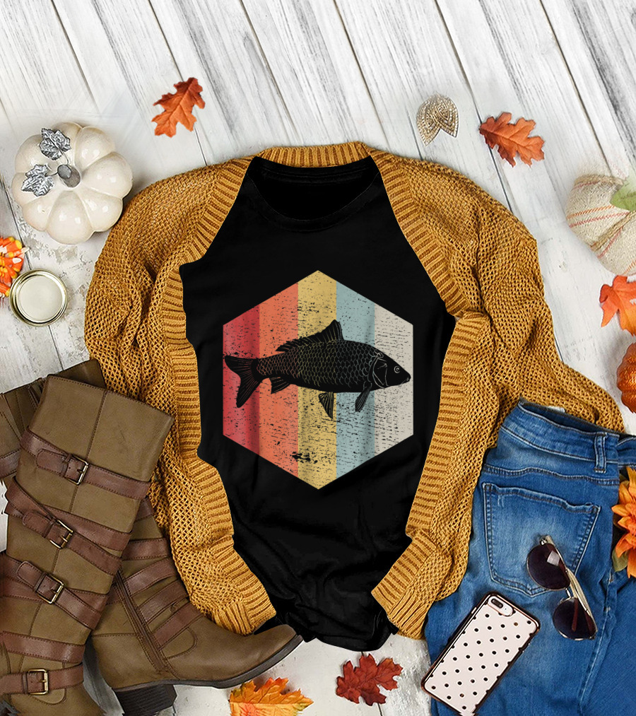 Vintage Koi Carp Fish Retro Hexagon Stripes T-Shirt