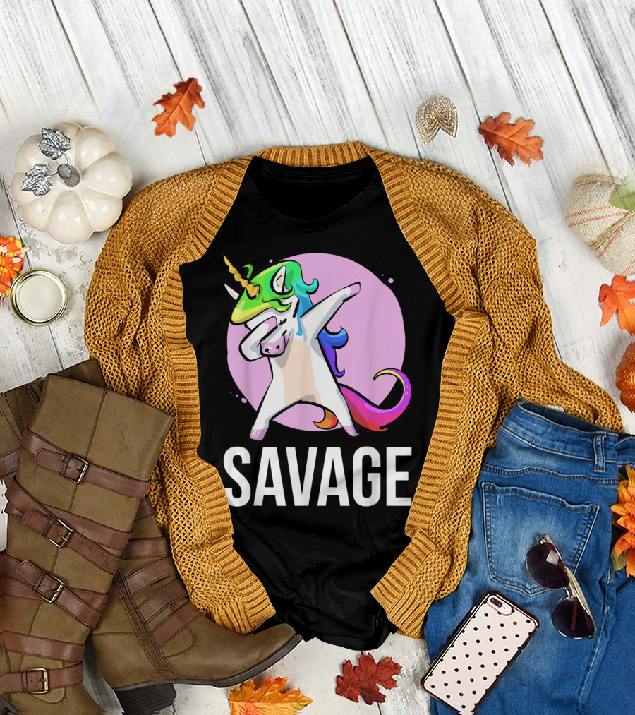 Savage Dabbing Unicorn with Colorful Mane in Front of Pink Circle T-Shirt
