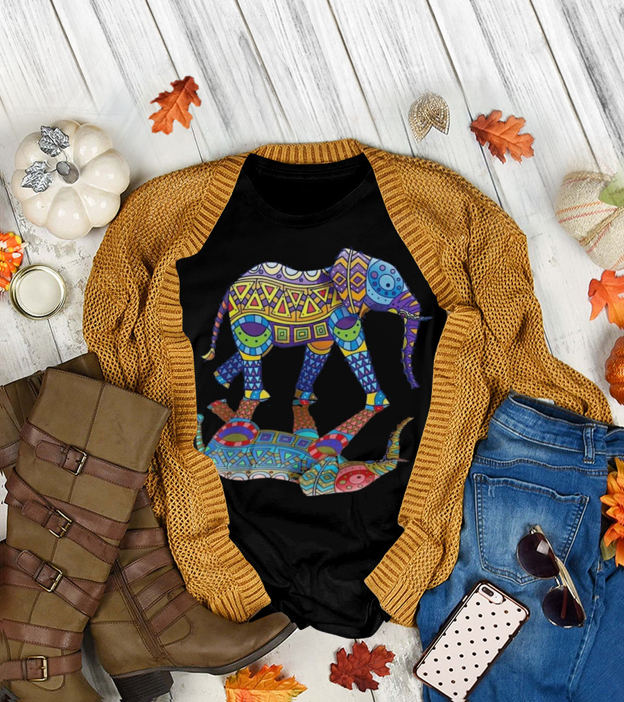 Colorful Indian Elephant Reflection in Geometric Patterns Spring Co T-Shirt