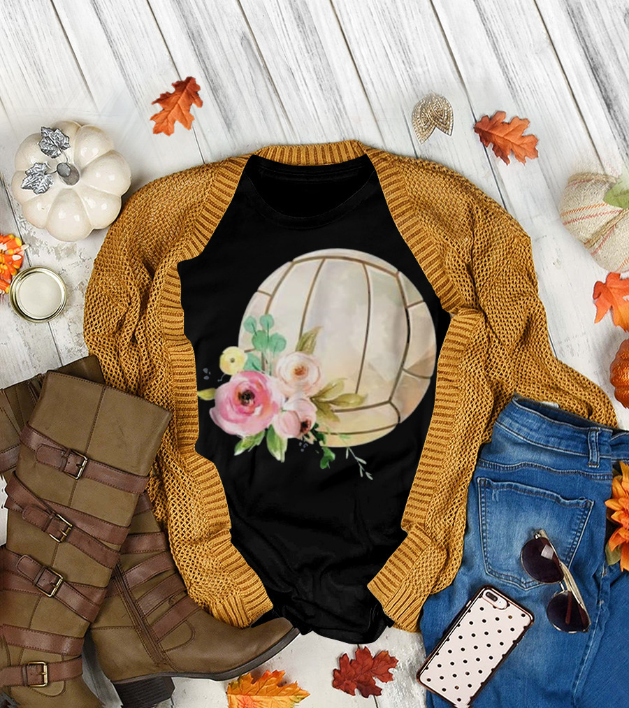 Girly Boho Floral Watercolor Volleyball with Pastel Flowers T-Shirt