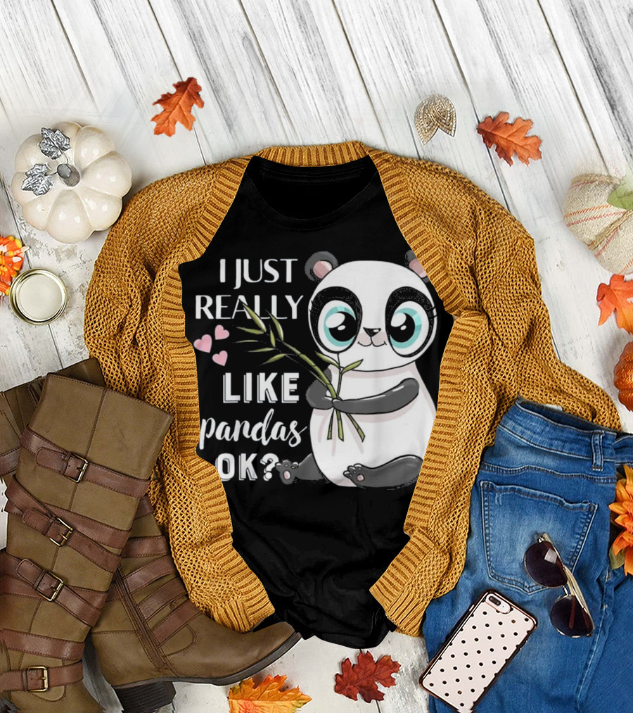 I Just Really Like Pandas Ok Cute Panda with Hearts and Bamboo T-Shirt