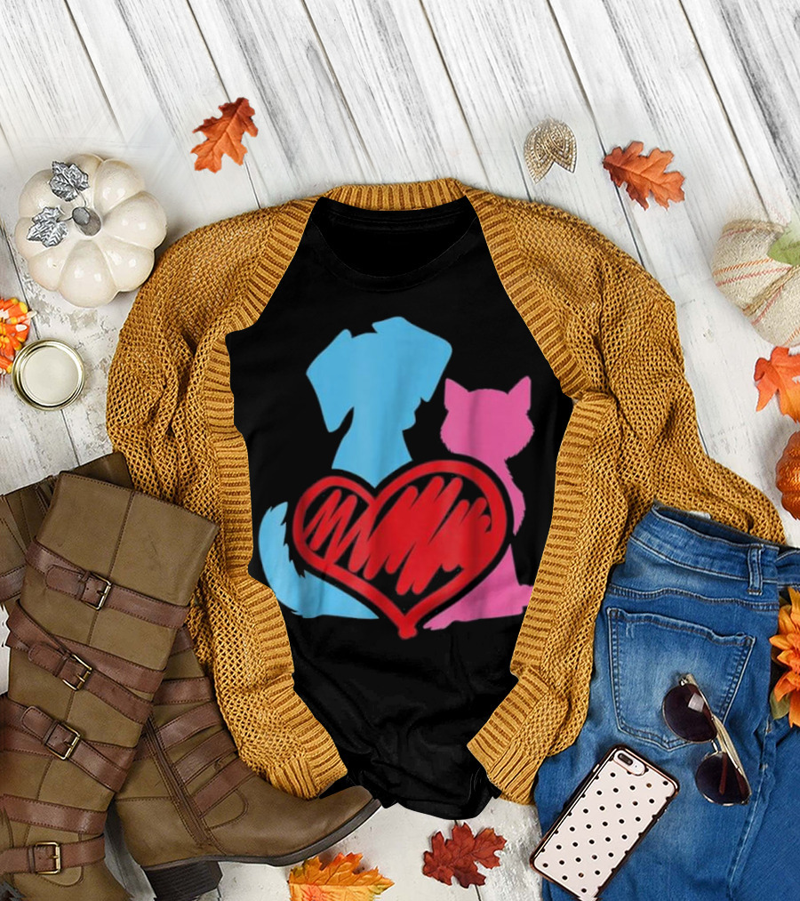 Funny Cat and Dog Heart T-Shirt