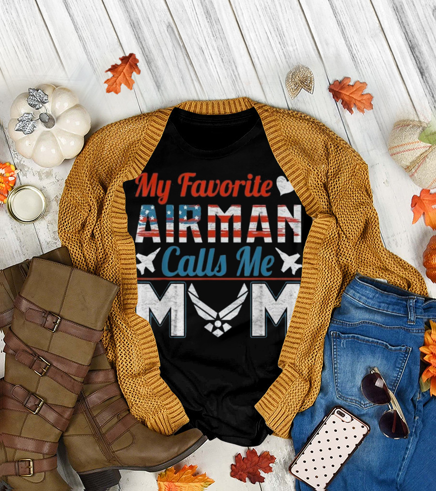 My Favorite Airman Calls Me Mom USA Flag Fighter Jets Heart T-Shirt