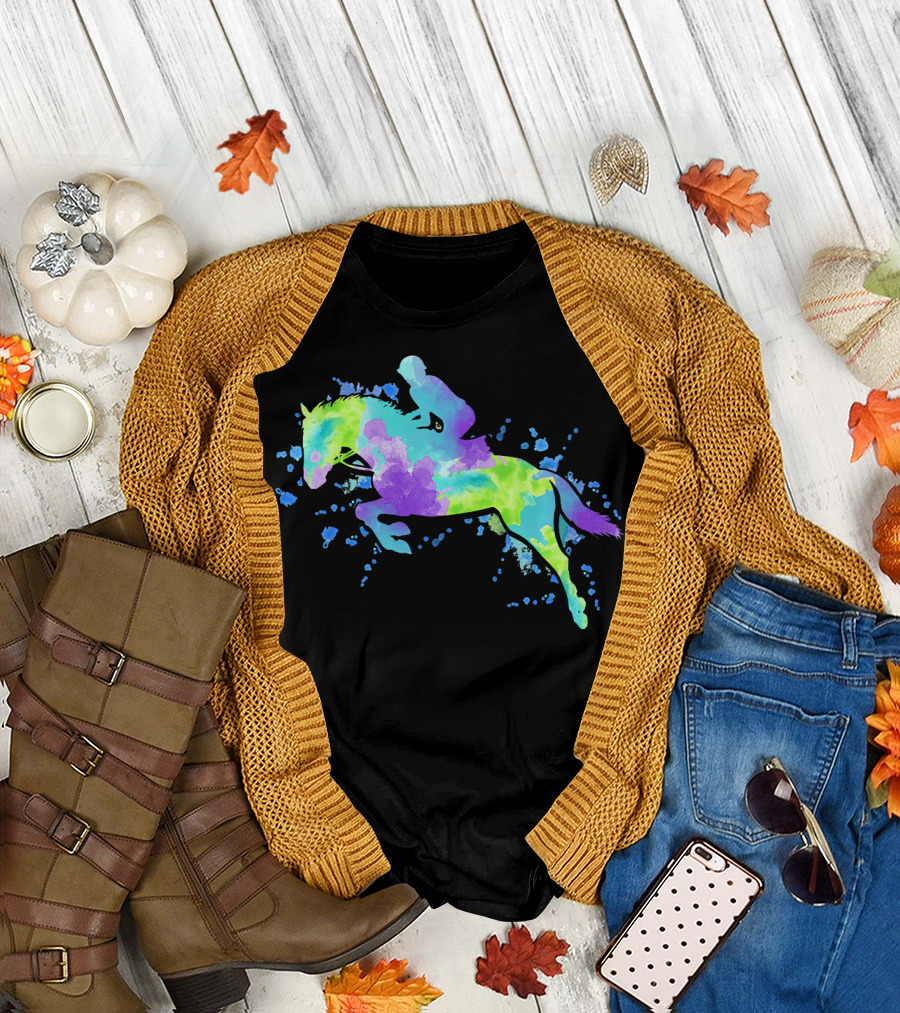 Watercolor Jumping Horse Equestrian Rider Edit T-Shirt