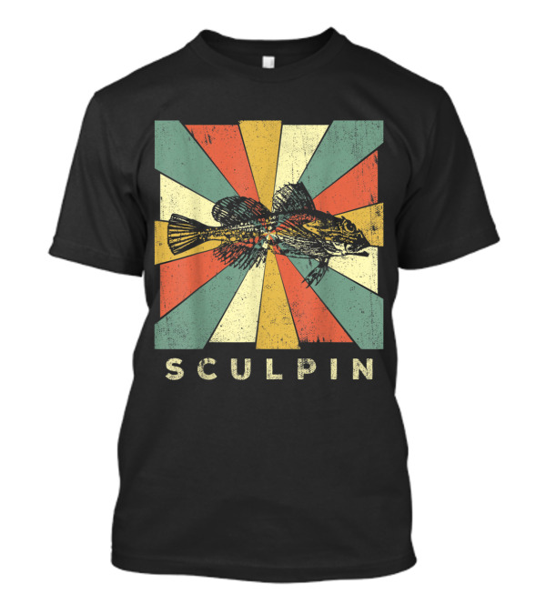 Retro Sculpin Fish On Colorful Geometric Background T-Shirt