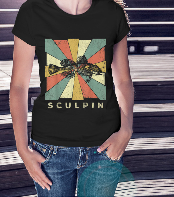 Retro Sculpin Fish On Colorful Geometric Background T-Shirt