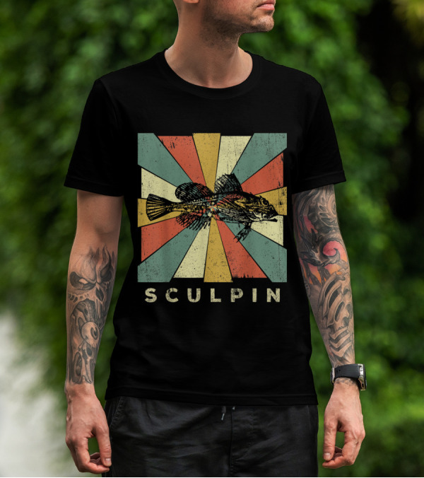 Retro Sculpin Fish On Colorful Geometric Background T-Shirt