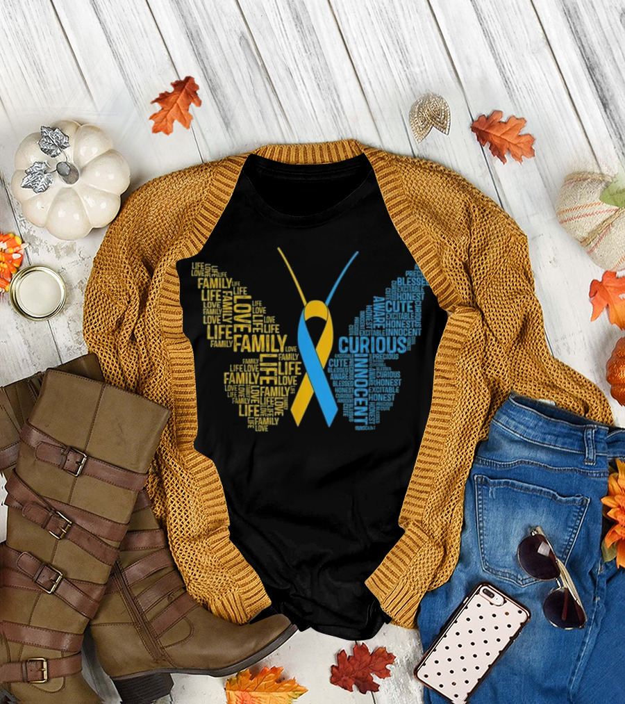 Family Life Love Curious Innocent Down Syndrome Awareness Butterfly T-Shirt