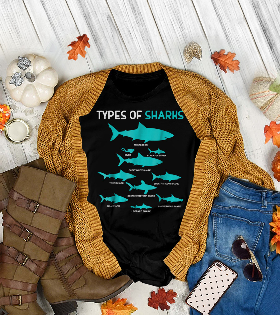 Types of Sharks Megalodon Diver Blacktop Great White Tiger Shortfin Mako Oceanic Whitetip Bull Leopard Hammerhead T-Shirt