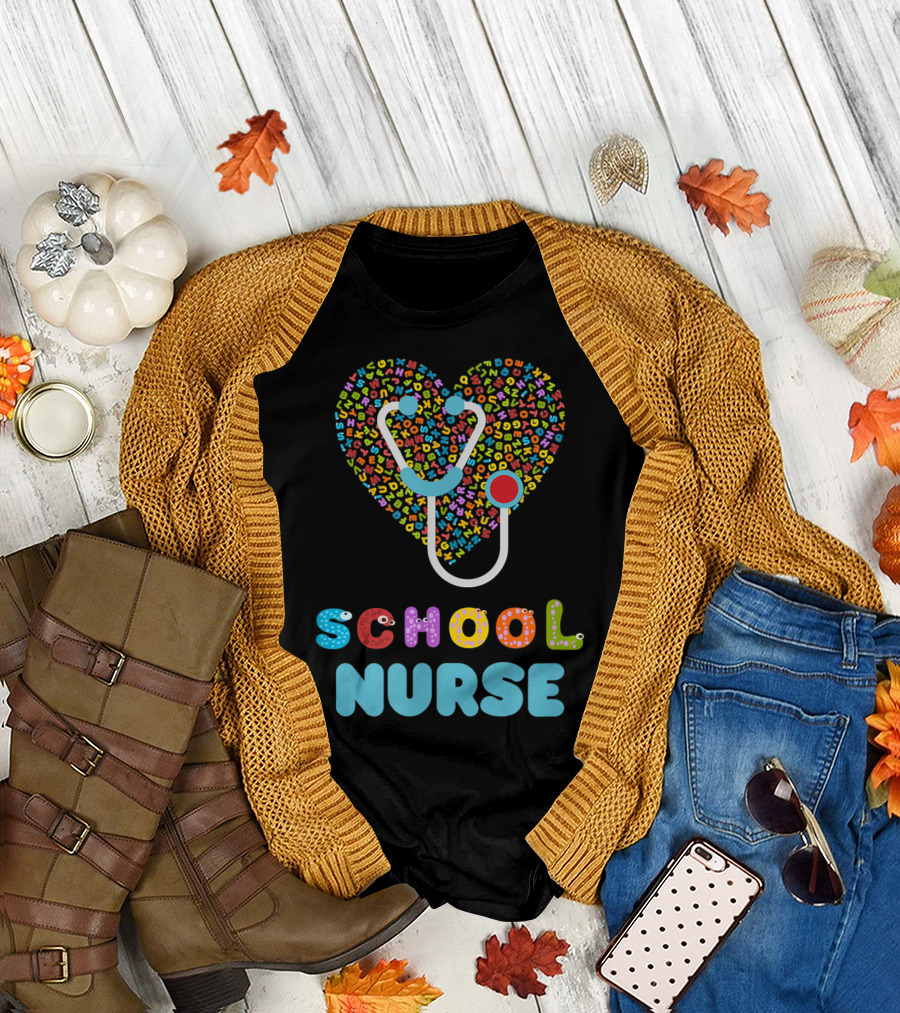 School Nurse Appreciation Heart with Alphabet Stethoscope T-Shirt