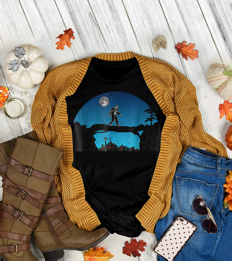 Bigfoot Walking Over Seattle Skyline with Moon T-Shirt