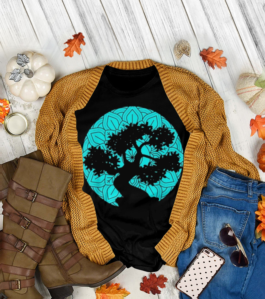 Mandala Bonsai Tree Zen Buddhist Silhouette Circle T-Shirt