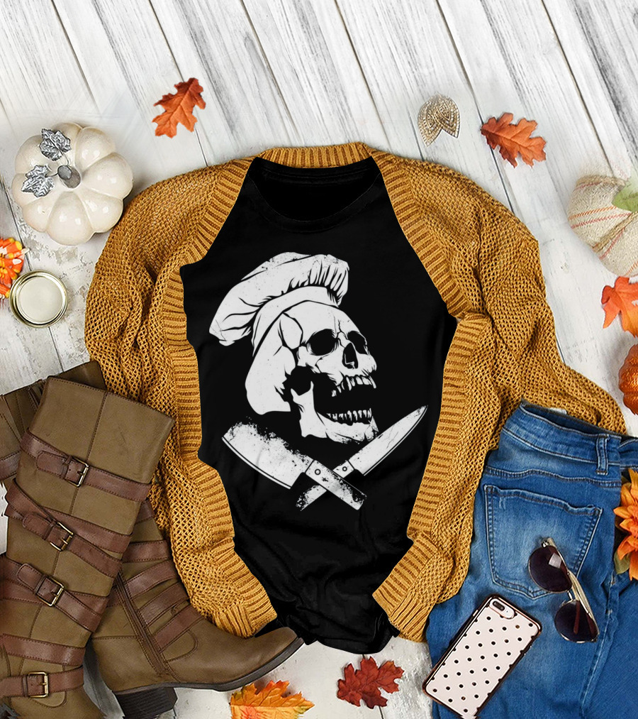 Cool Culinary Gangster Skull Chef Knife Crossbones T-Shirt