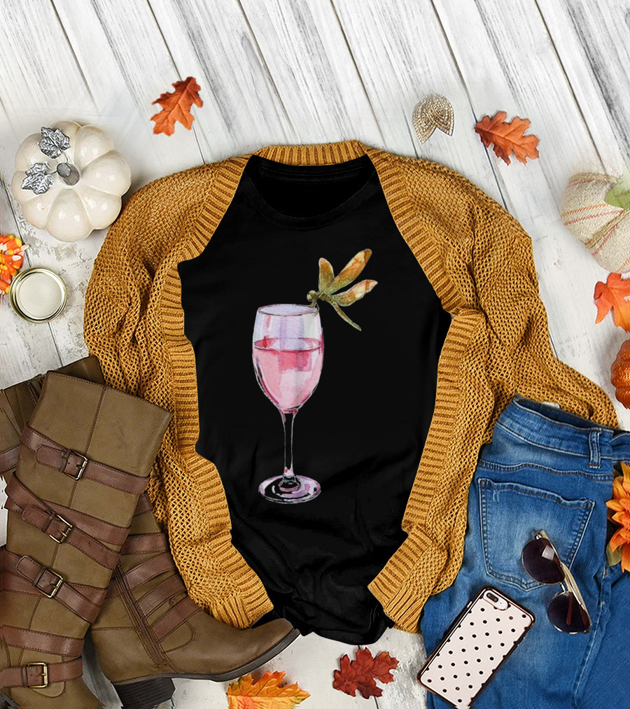 Dragonfly on Wine Glass with Pink Liquid T-Shirt