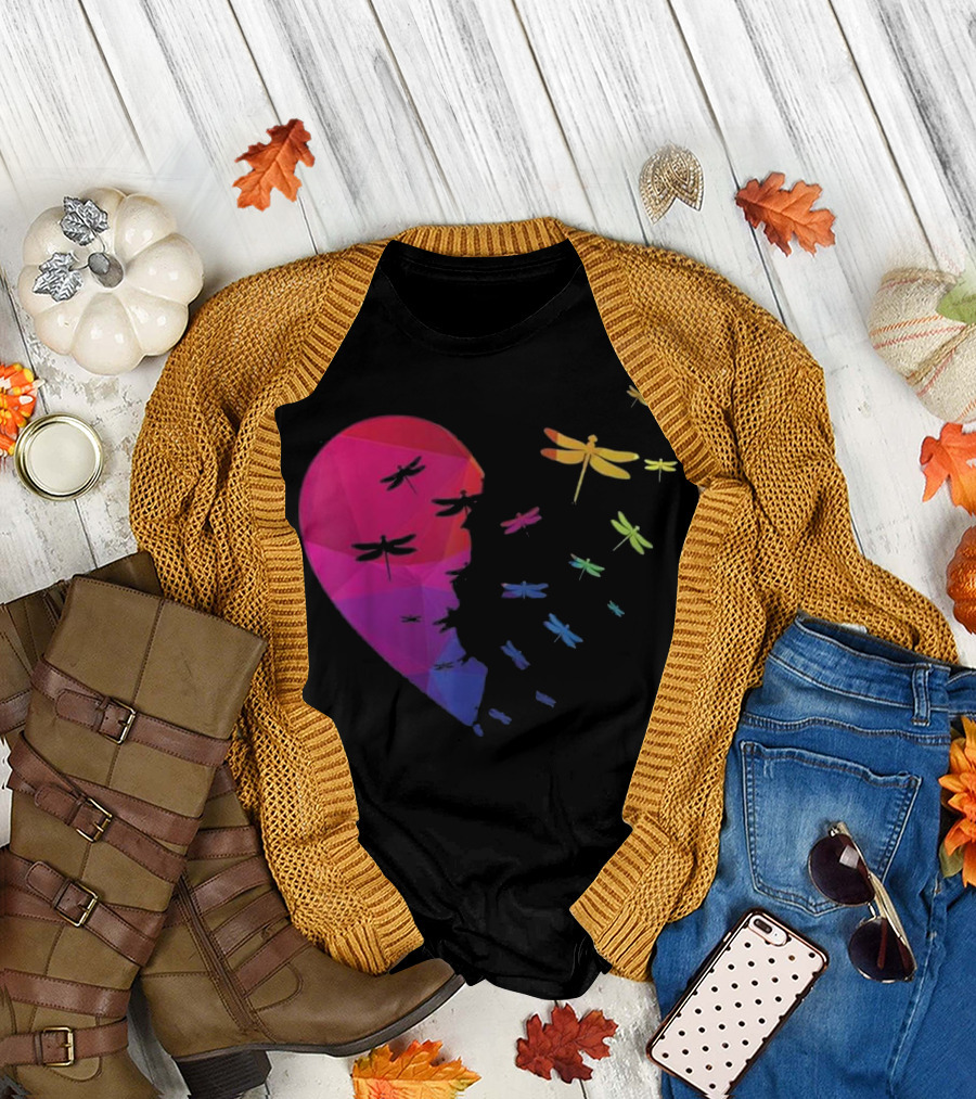 Dragonfly Heart Flying Out of Colorful Heart Lover T-Shirt