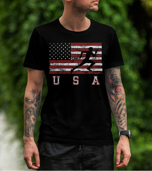 USA Distressed American Flag Track Runner T-Shirt