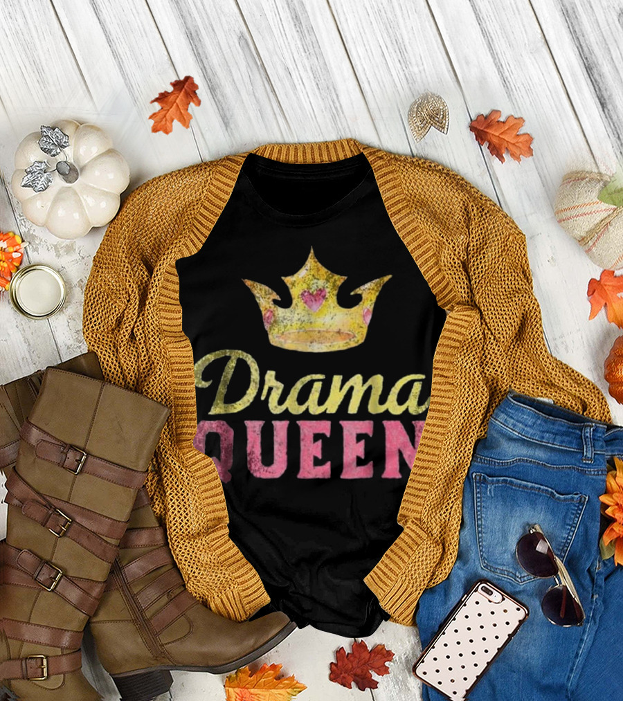 Drama Queen Distressed Crown with Text in Pink and Yellow T-Shirt
