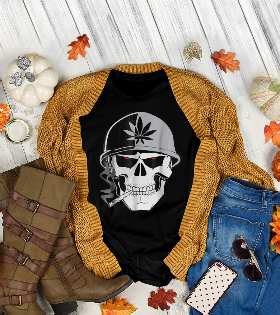 Biker Skull with Cannabis Leaf Helmet Smoking Joint T-Shirt