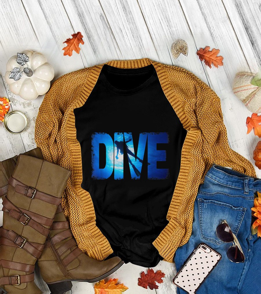 Scuba Diving Gear with Diver Silhouette and Ocean Background T-Shirt