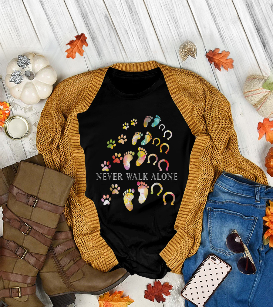 Never Walk Alone Colorful Paw Prints and Horseshoes T-Shirt