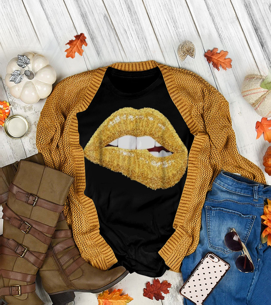 Gold Glitter Lips Biting Black Girl Magic Kiss T-Shirt