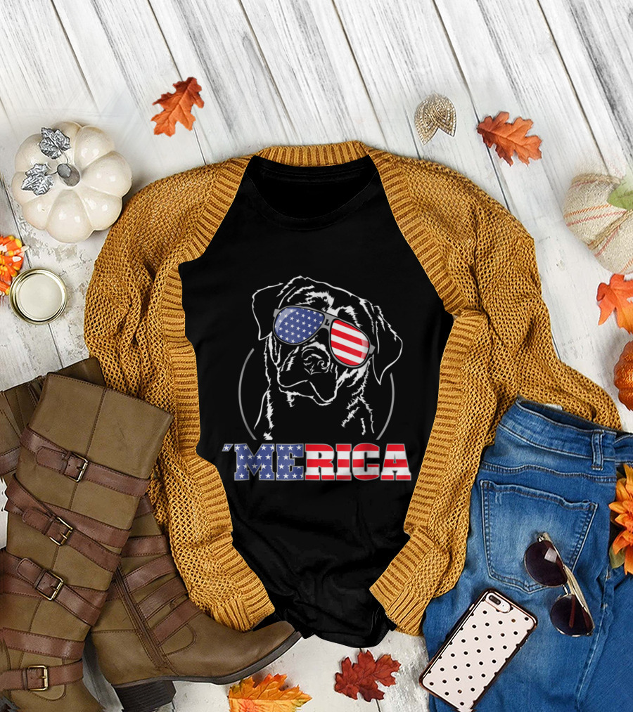 Proud Labrador Merica Patriotic Dog with American Flag Sunglasses T-Shirt