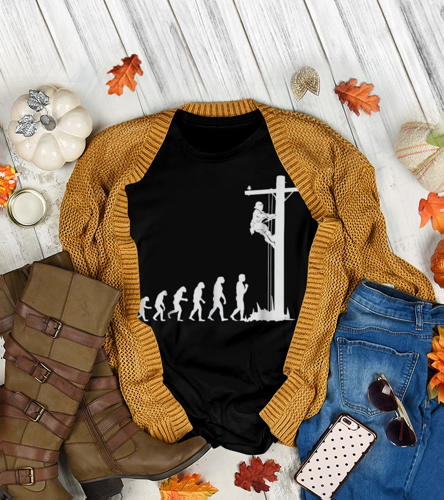 Cool Unique Evolution of Lineman Electrician on Power Pole T-Shirt