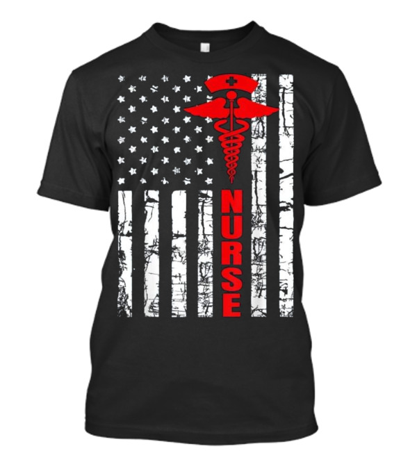 Patriotic American USA Flag Nurse Caducues T-Shirt