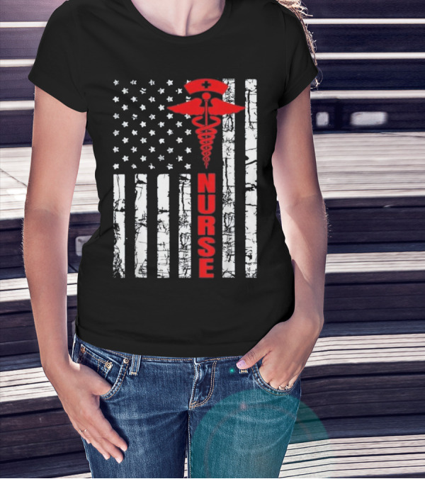 Patriotic American USA Flag Nurse Caducues T-Shirt