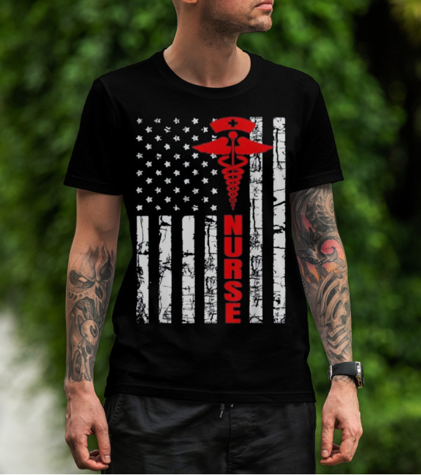 Patriotic American USA Flag Nurse Caducues T-Shirt