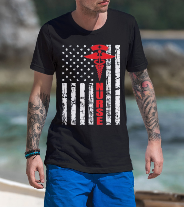 Patriotic American USA Flag Nurse Caducues T-Shirt