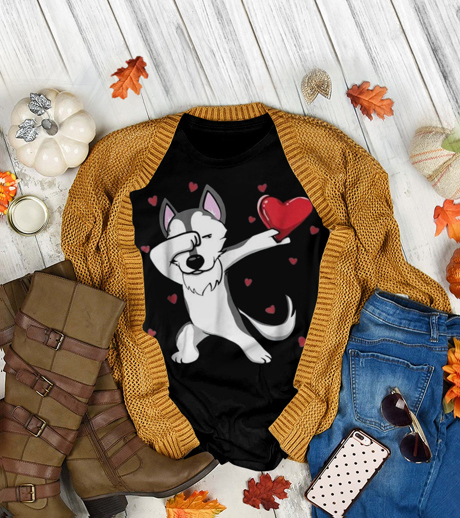 Funny Dabbing Husky Valentine's Heart and Love Dance T-Shirt