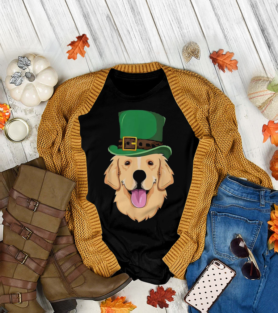 Golden Retriever in Green Leprechaun Hat for St. Patrick's Day T-Shirt