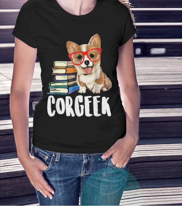Corgeek Corgi Dog With Glasses Next To Stack Of Books T-Shirt