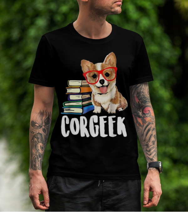 Corgeek Corgi Dog With Glasses Next To Stack Of Books T-Shirt