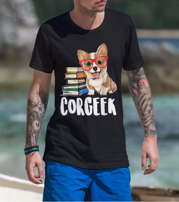 Corgeek Corgi Dog With Glasses Next To Stack Of Books T-Shirt